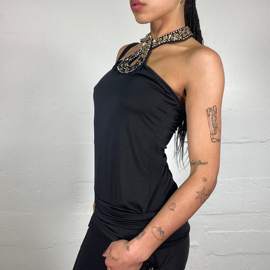 Vintage 2000's Glamorous Dinner Black Draped Neckholder Top with Golden Stones and Sequins Decorated Neck (S)