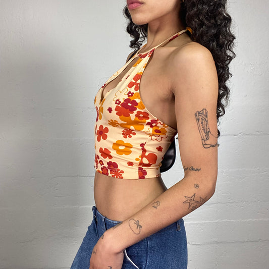 Vintage 2000's Beachwear Summer Cropped Neckholder Top with Red and Orange Floral Print (S)