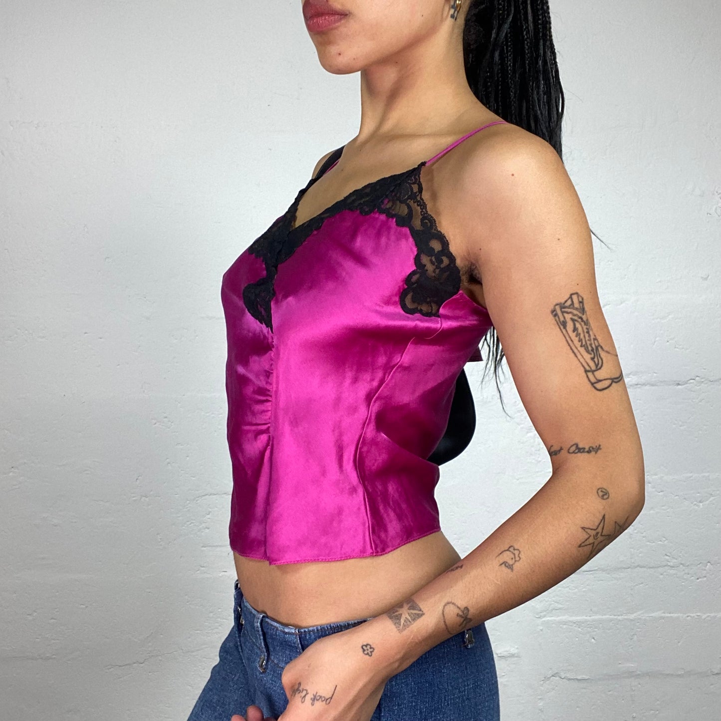 Vintage 2000's Morgan Glamorous Lingerie Style Satin Hot Pink Cami Top with Black Lace Decoration (S)