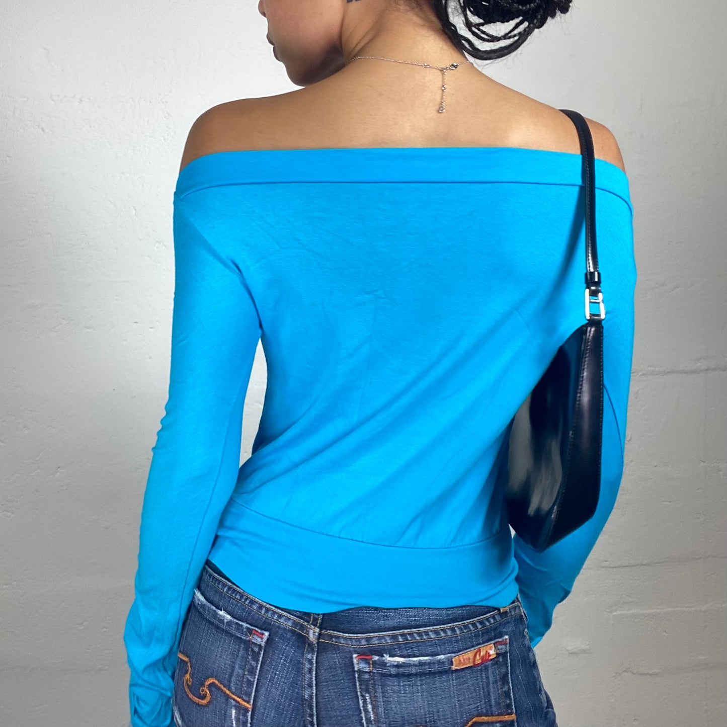 Vintage 2000's Cute Aquamarine Blue Off Shoulder Longsleeve Top with Teddy Bear Print and Ruffled Silky Stripes Decorated Sleeves (M)