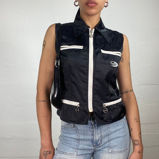 Vintage 2000’s Downtown Girl Black Nylon Sleeveless Zip Up Jacket with White Details (S)