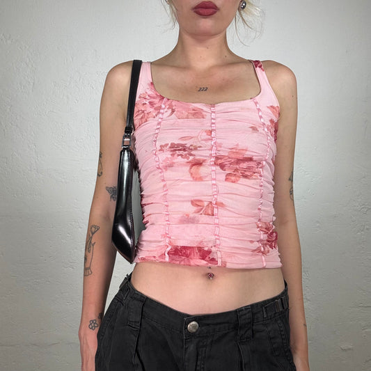 Vintage 2000's Feminine Pink Ruffled Floral Print Cami Top with Satin Stripes (M)