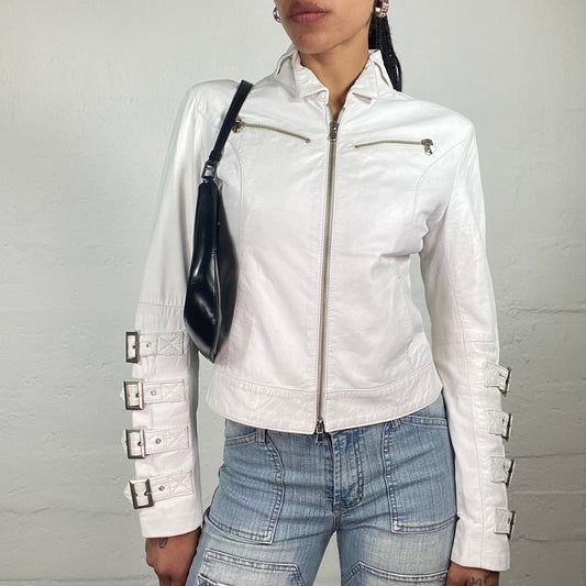 Vintage 2000’s Biker Girl White Leather Zip Up Jacket with Belt Sleeve Details (M)