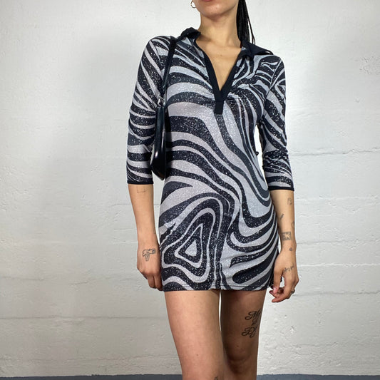 Vintage 2000's Clubwear Grey and Black Futuristic Waves Print Glitter Shimmer Mini Dress (S)