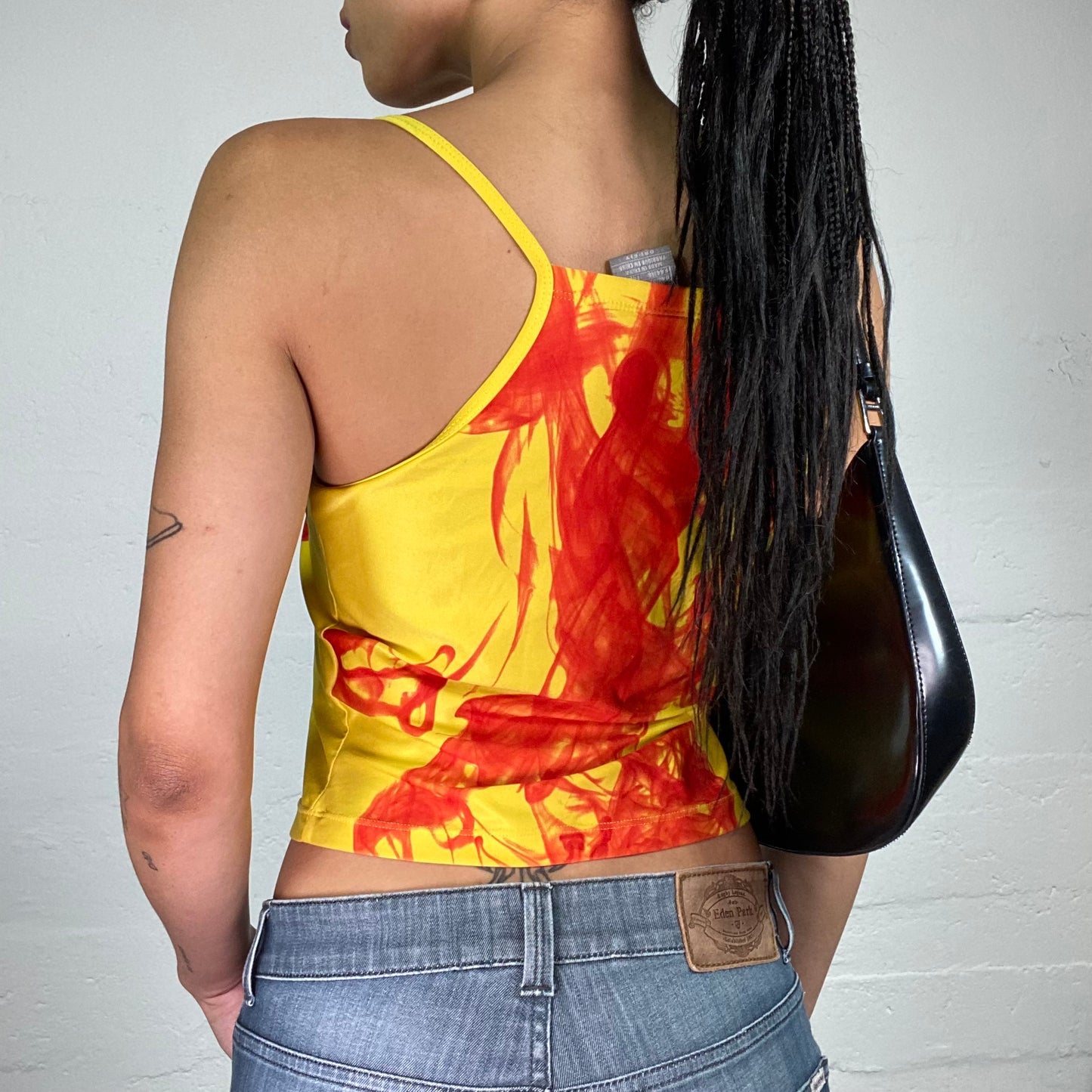 Vintage 2000's Nike Summer Girl Yellow Mini Cami Top with Red Abstract Fire Print (L)