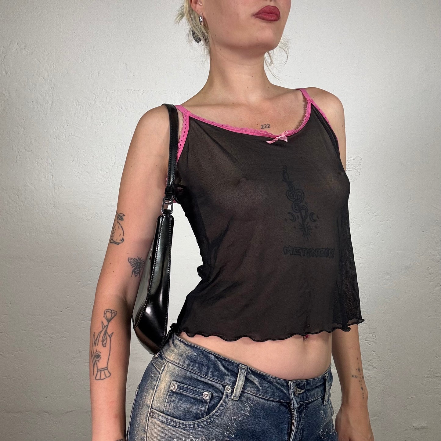 Vintage 2000's Lingerie Black Mesh Cami Top with Hot Pinkt Lace Trim and Ribbon Detail (M)
