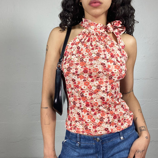 Vintage 2000's Romantic Orange Floral Print Turtleneck Sleeveless Top with Neck Ribbon (S)