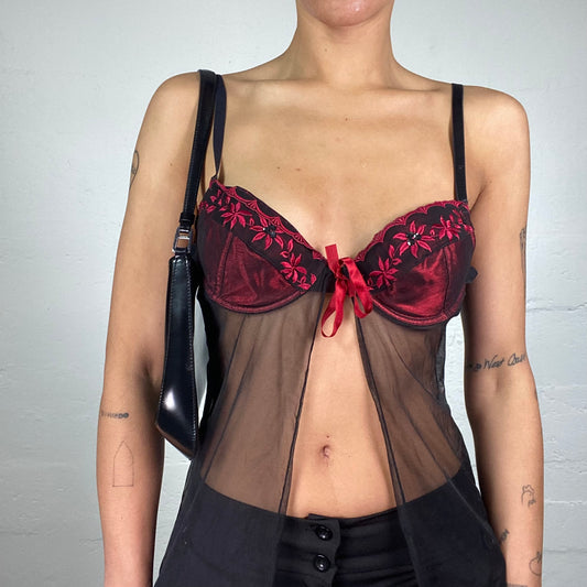 Vintage 2000's Romantic Lingerie Style Black Mesh Top with Red Lace Decorated Bra (M)