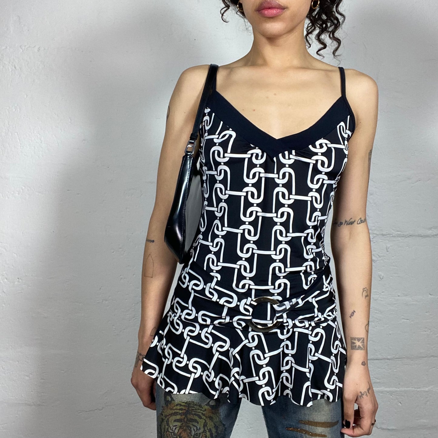 Vintage 2000's Glamorous Black Dress Style Cami Top with White Futuristic Print (S)