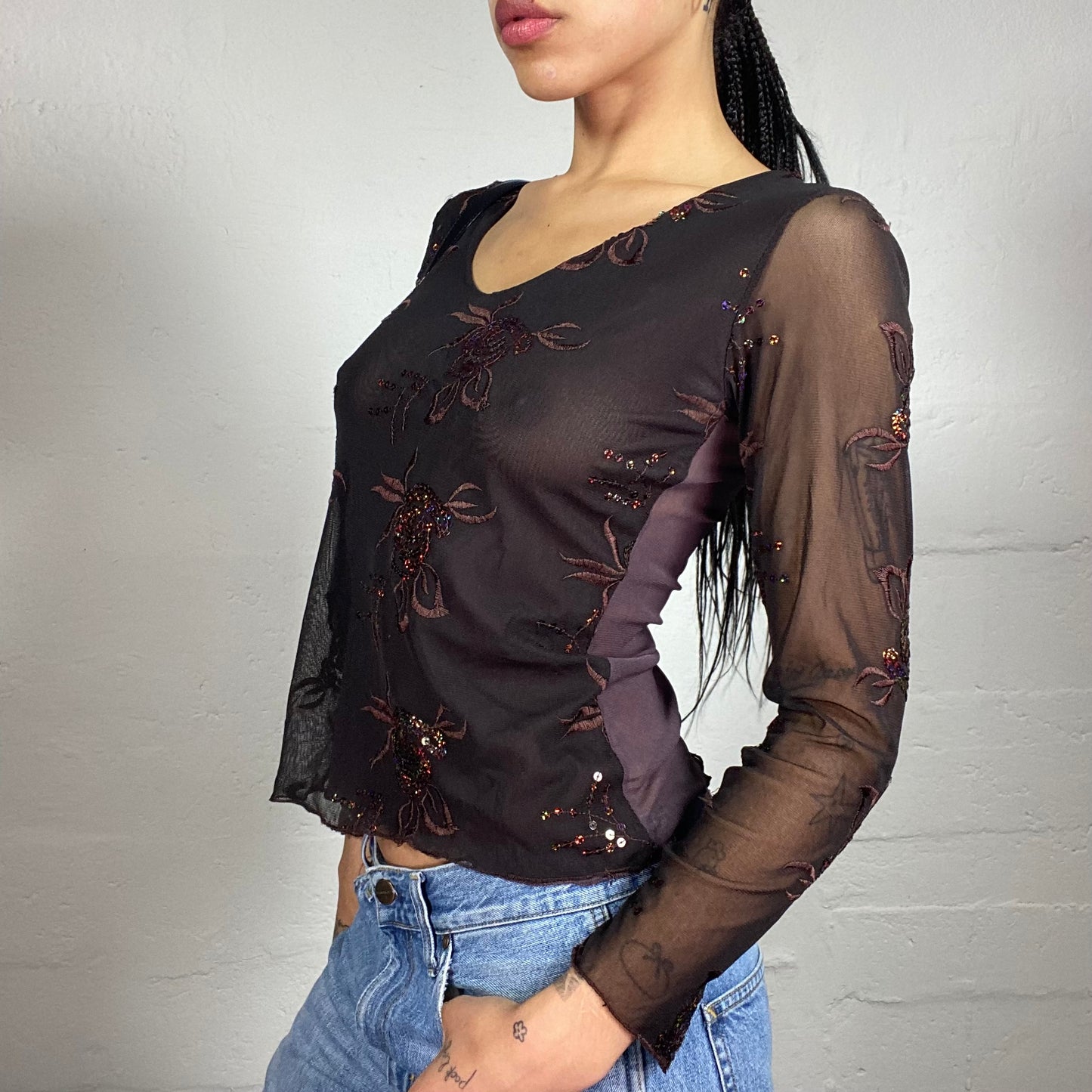 Vintage 2000's Boho Brown Mesh Longsleeve Floral Sequin Embroidery Top with Purple Mesh Back (M)