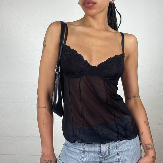 Vintage 2000’s Romantic Black Mesh See Through Lingerie Style Camisole Top (M)