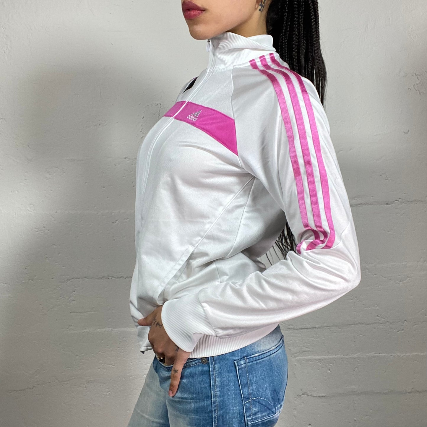 Vintage 2000’s Archive Adidas Paris Hilton Style White Zip Up Pollover with Pink Accents (S)