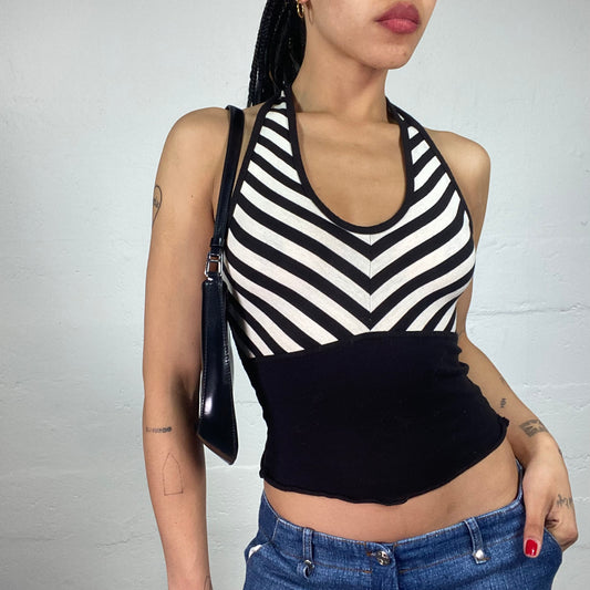 Vintage 2000's Downtown Girl Black and White Striped Neckholder Top (S)