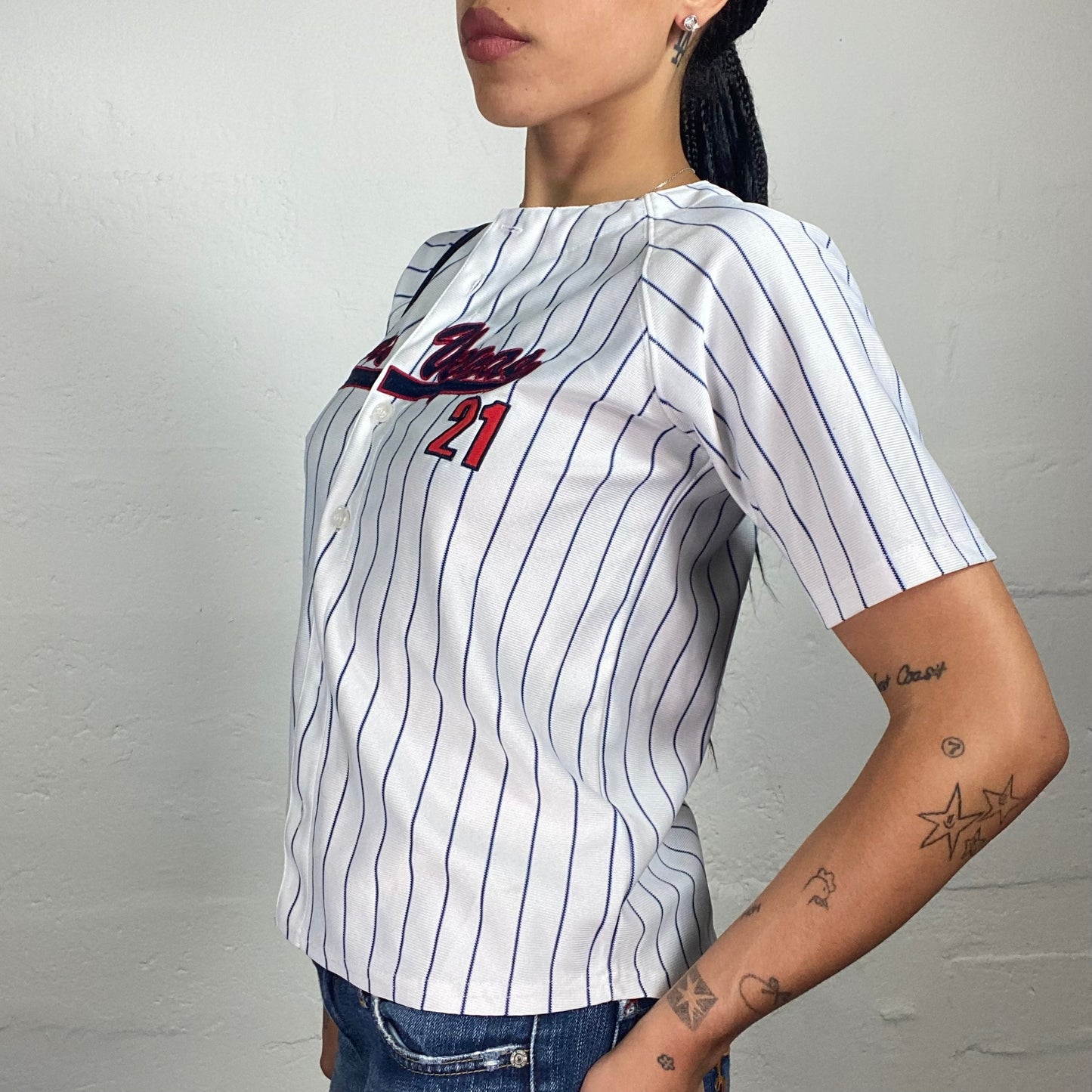 Vintage 2000's Sporty White Shortsleeved Striped Shirt with Las Vegas Embroidery (L)