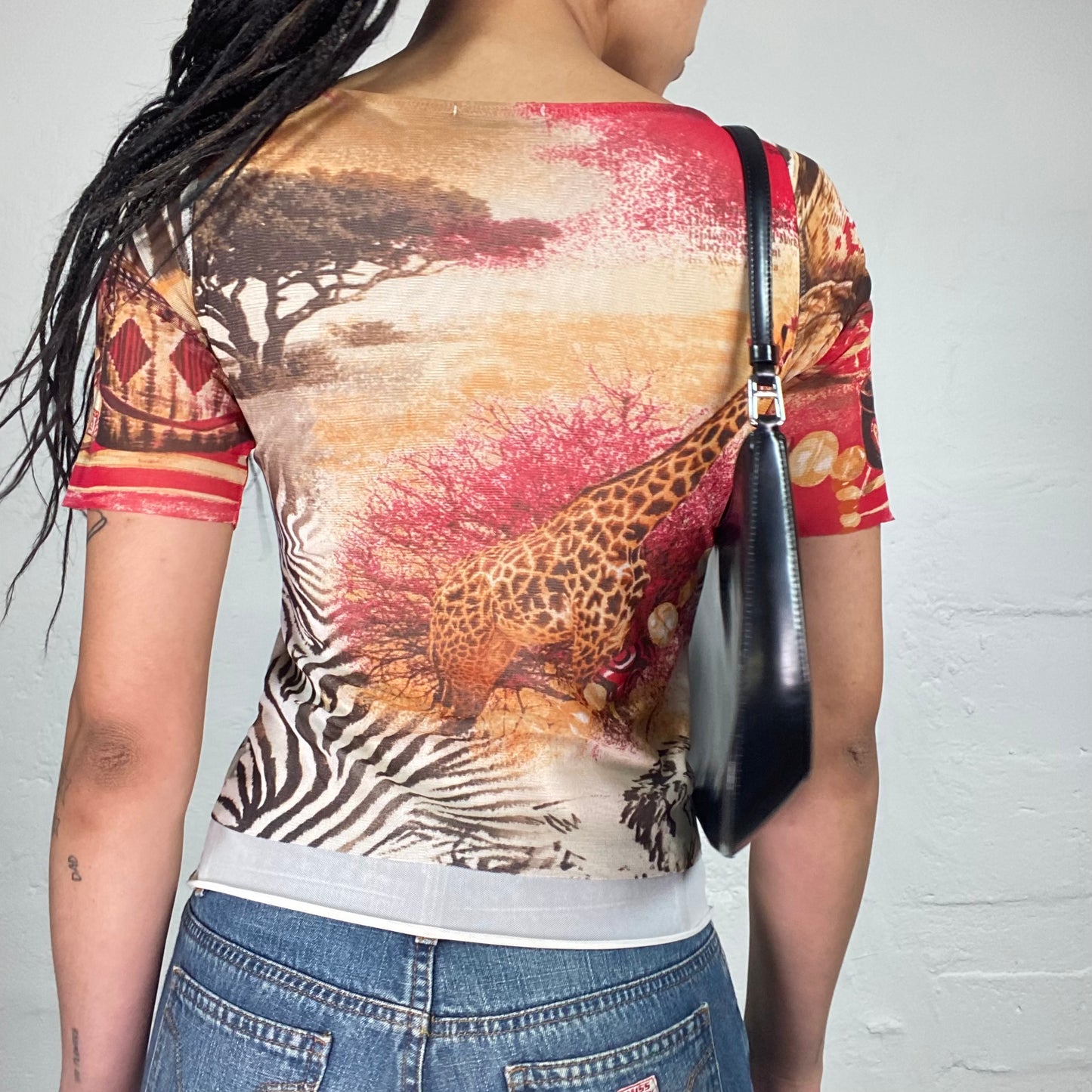 Vintage 2000's Summer Warm Toned Short Sleeved Top with Safari Print (S)