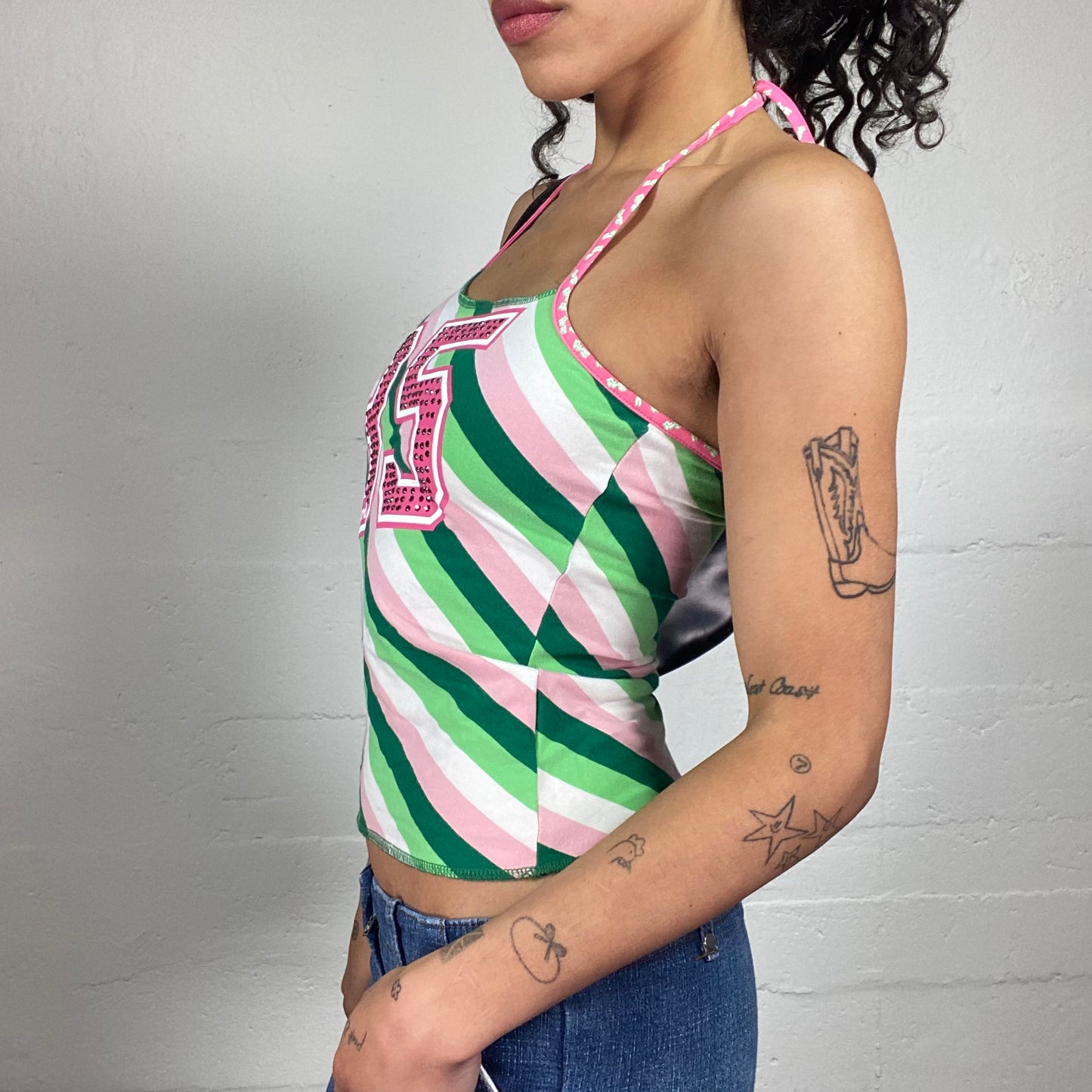Vintage 2000's Fancy Beachwear Green and Pink Striped Neckholder Top with Shiny Pink 35 Print (M)