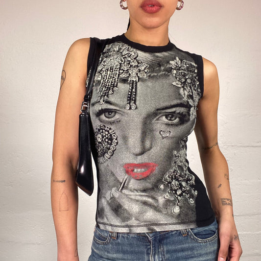 Vintage 2000's Funky Black Tank Top with B&W Girl Face Print (L)
