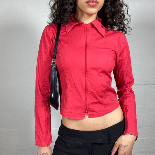 Vintage 2000's Office Girl Red Zip Up Shirt with Collar (S)