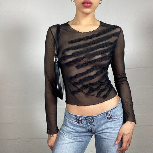 Vintage 2000's Edgy Black Mesh Longsleeve Top with Black Textred Embroidery (S)