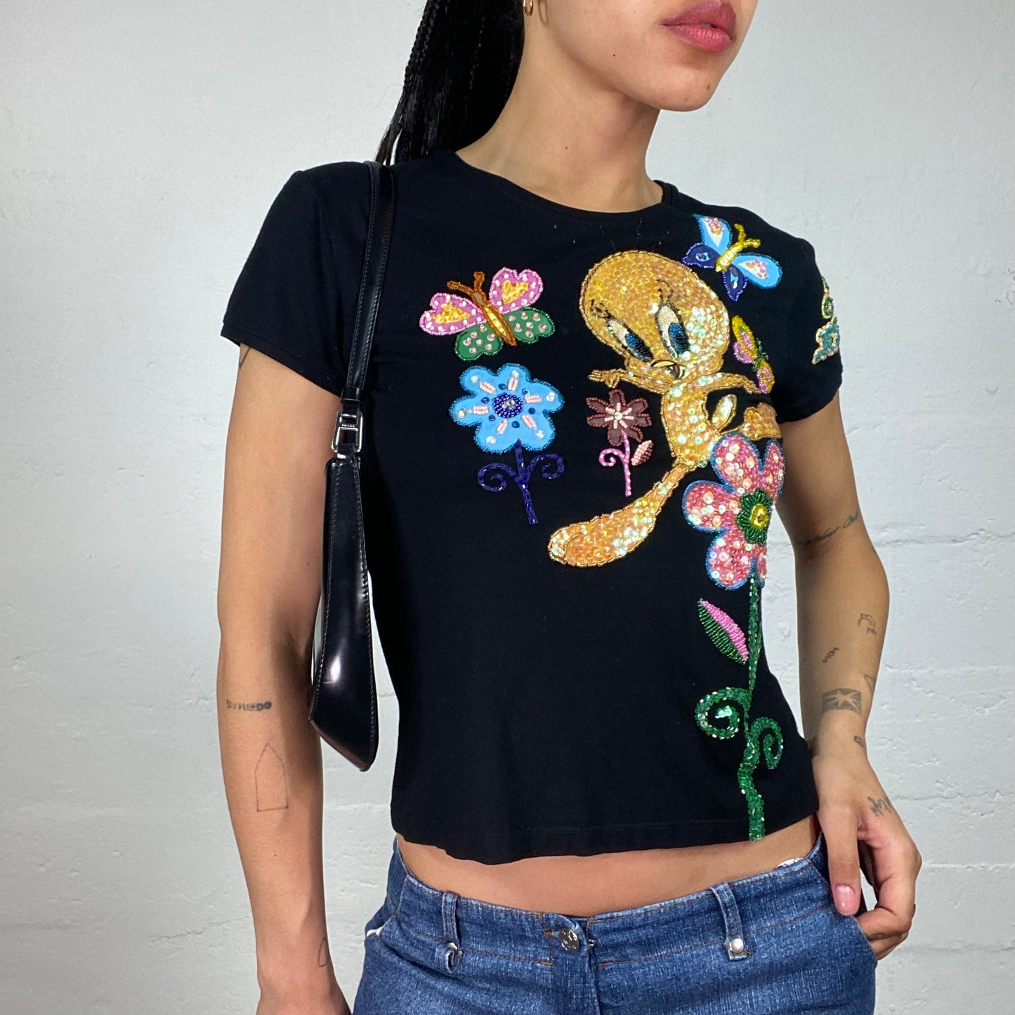 Vintage 2000's Tweety Funky Black Baby Tee with Fun Cartoon Sequin Embroidery (M)