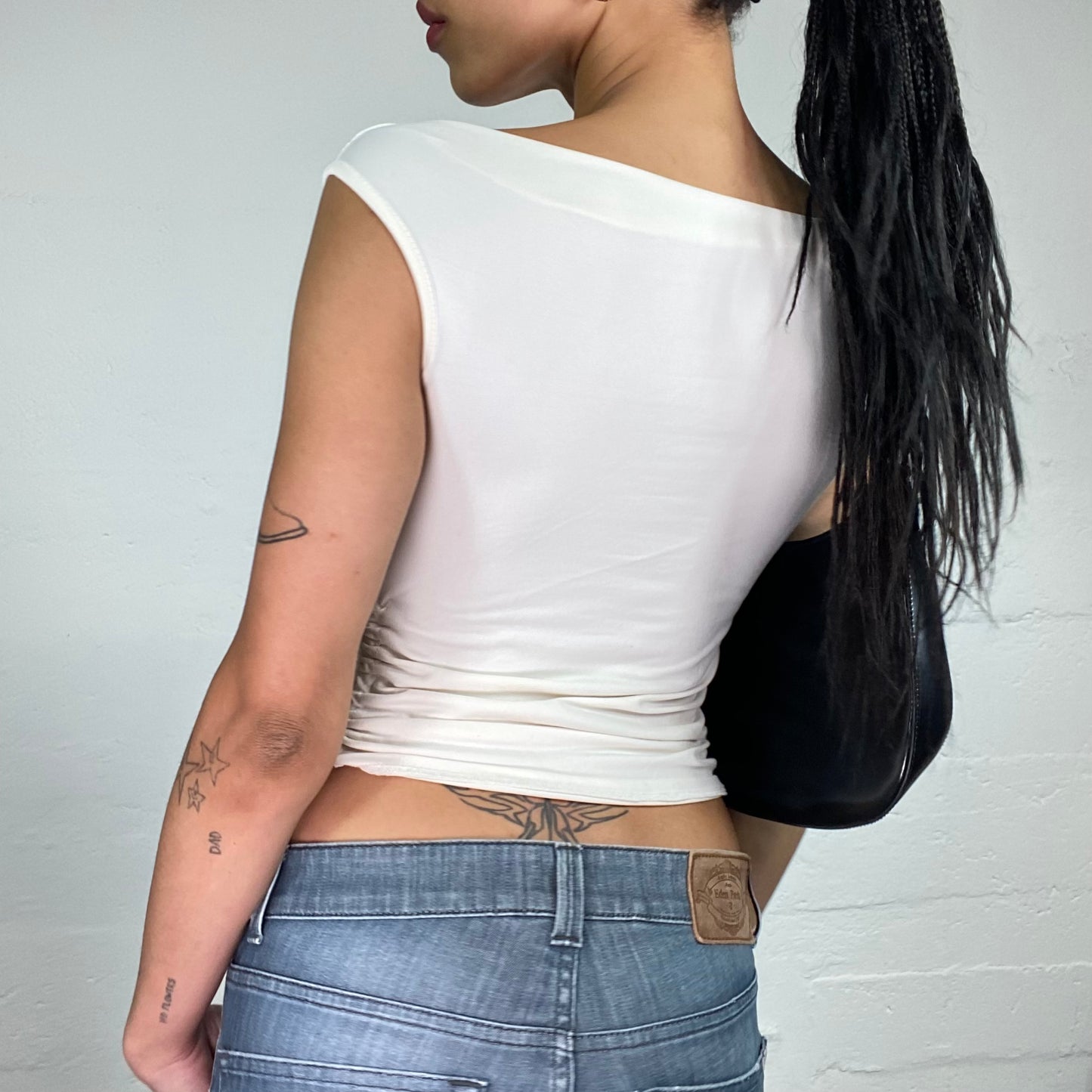 Vintage 2000's Summer Girl White Off Shoulders Draped Side Rubber Top with Colourful Butterflies Print (S)