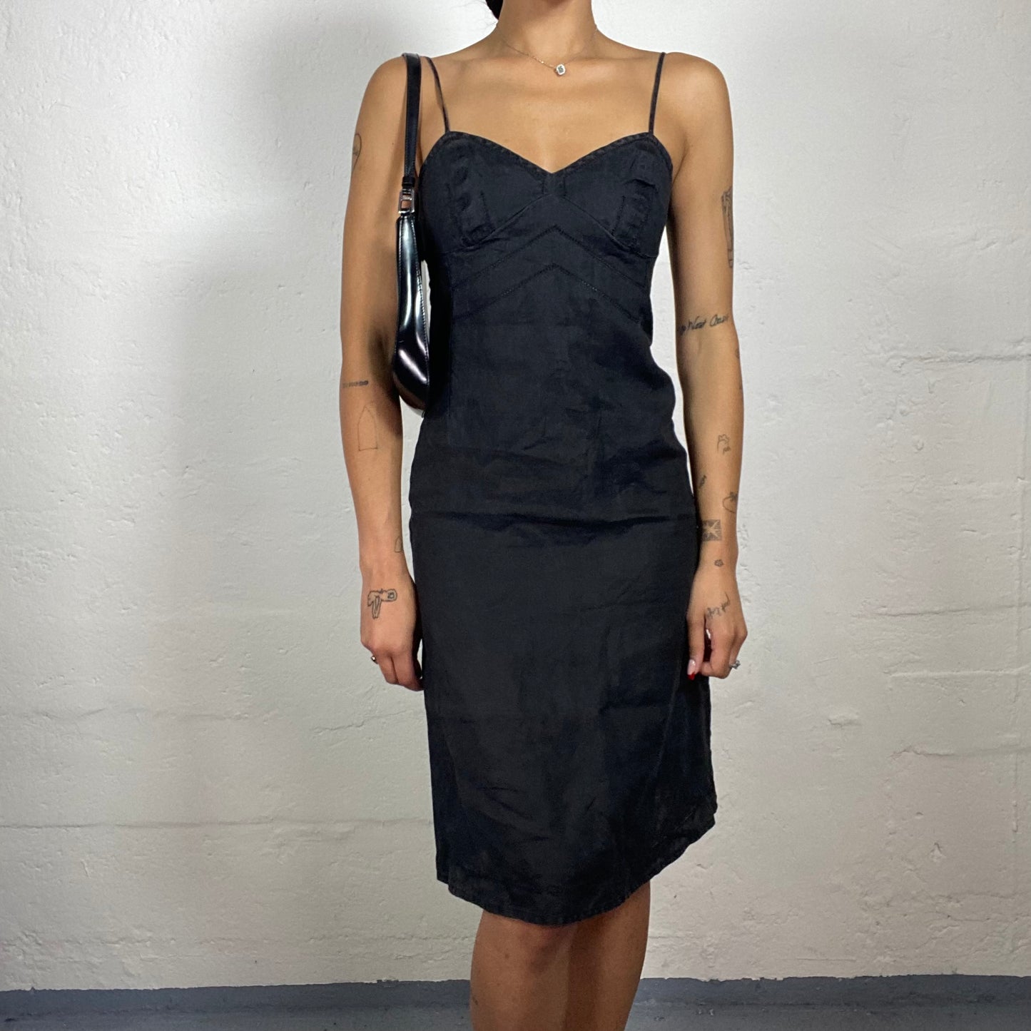 Vintage 2000's Classy Summer Girl Black Linen Knee Length Cami Dress (S)