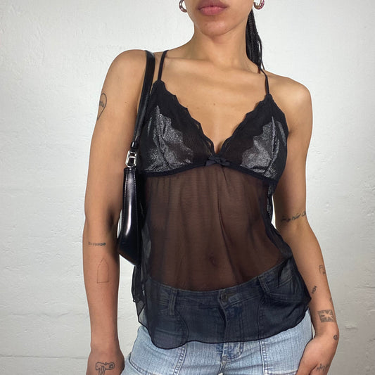 Vintage 2000’s Romantic Black Mesh Draped Cami Top with Shiny Silver Bra (S)