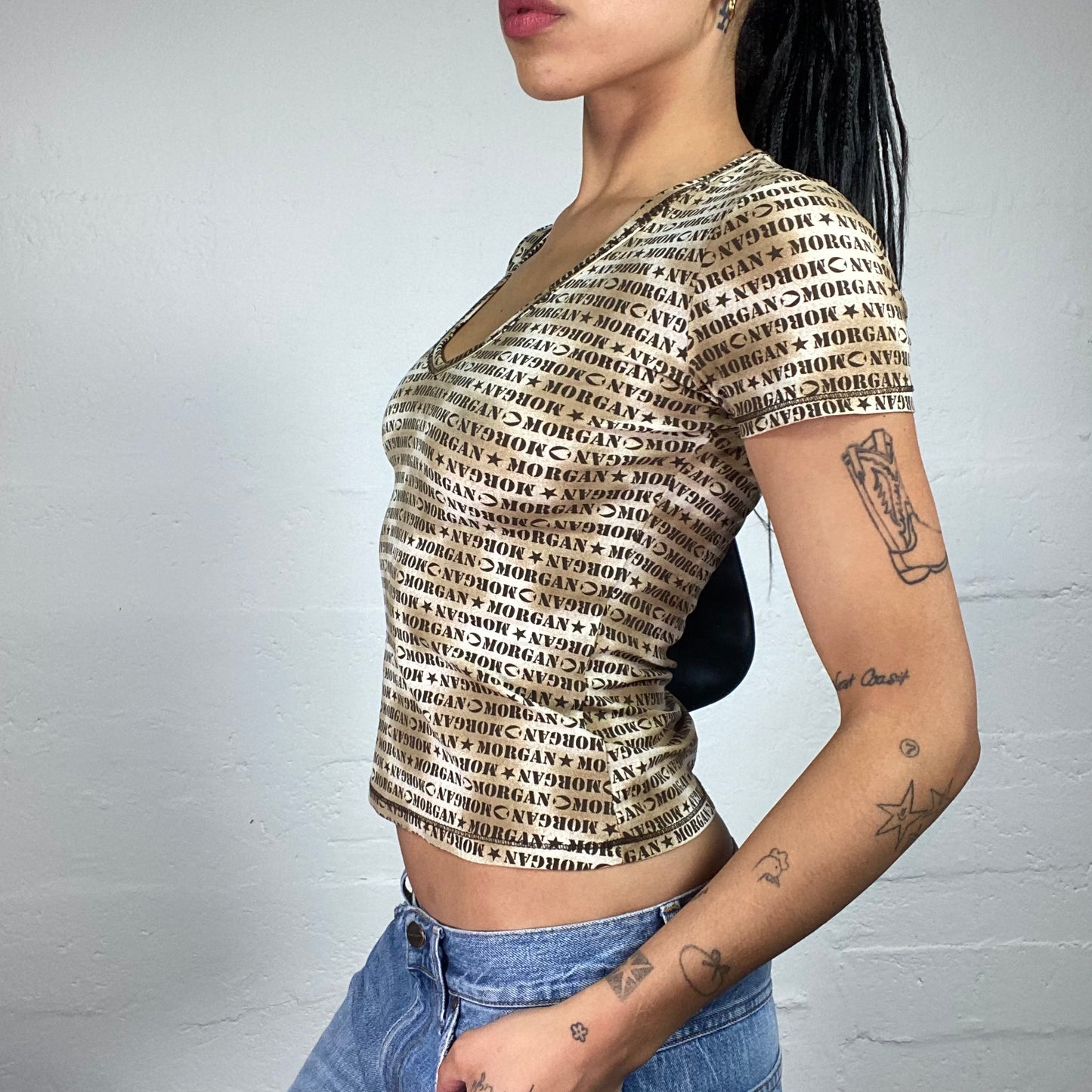 Vintage 2000's Morgan Downtown Girl Beige Toned Typography Printed V-Cut Tee (S)