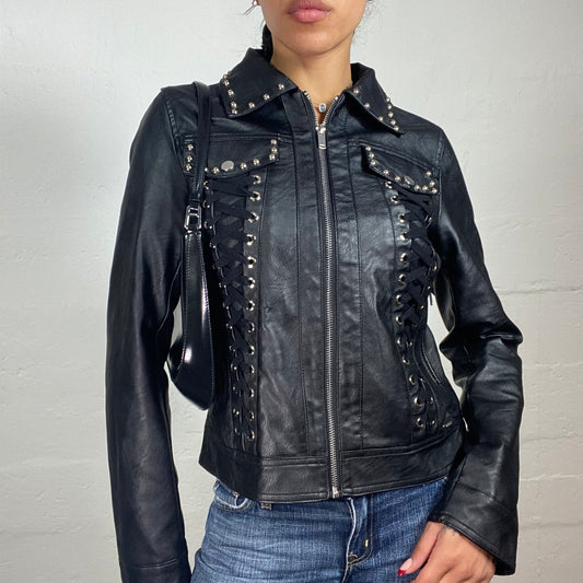 Vintage 2000's Guess Biker Girl Black Leather Zip Up Jacket with Lace Up Decorations and Metal Balls Embroidery (M)