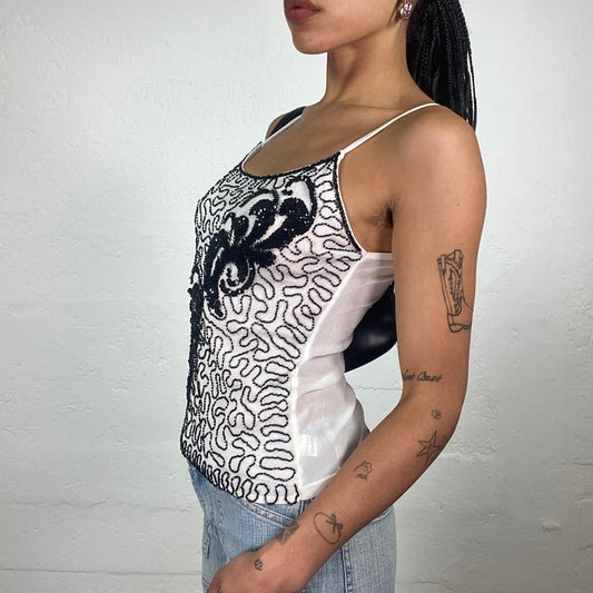 Vintage 2000’s Downtown Girl White Jersey Cami Top with Black Abstract Rhinestone Embroidered Pattern (S)