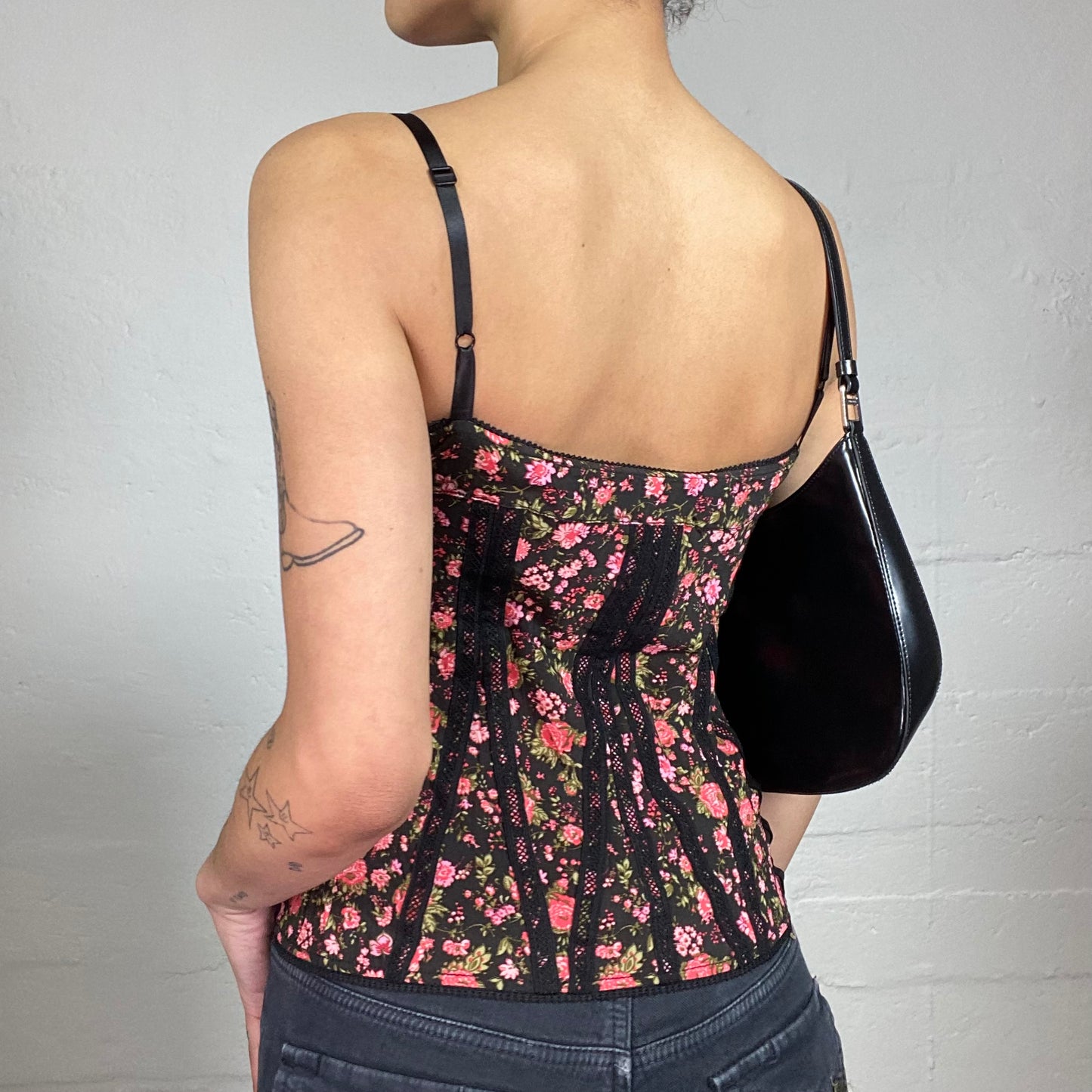 Vintage 2000's Soft Girl Black Corset Style Top with Pink Floral Print (S)