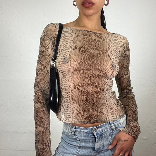 Vintage 2000’s Glamorous Mesh See Through Brown Toned Snake Skin Printed Longsleeve Top (L)