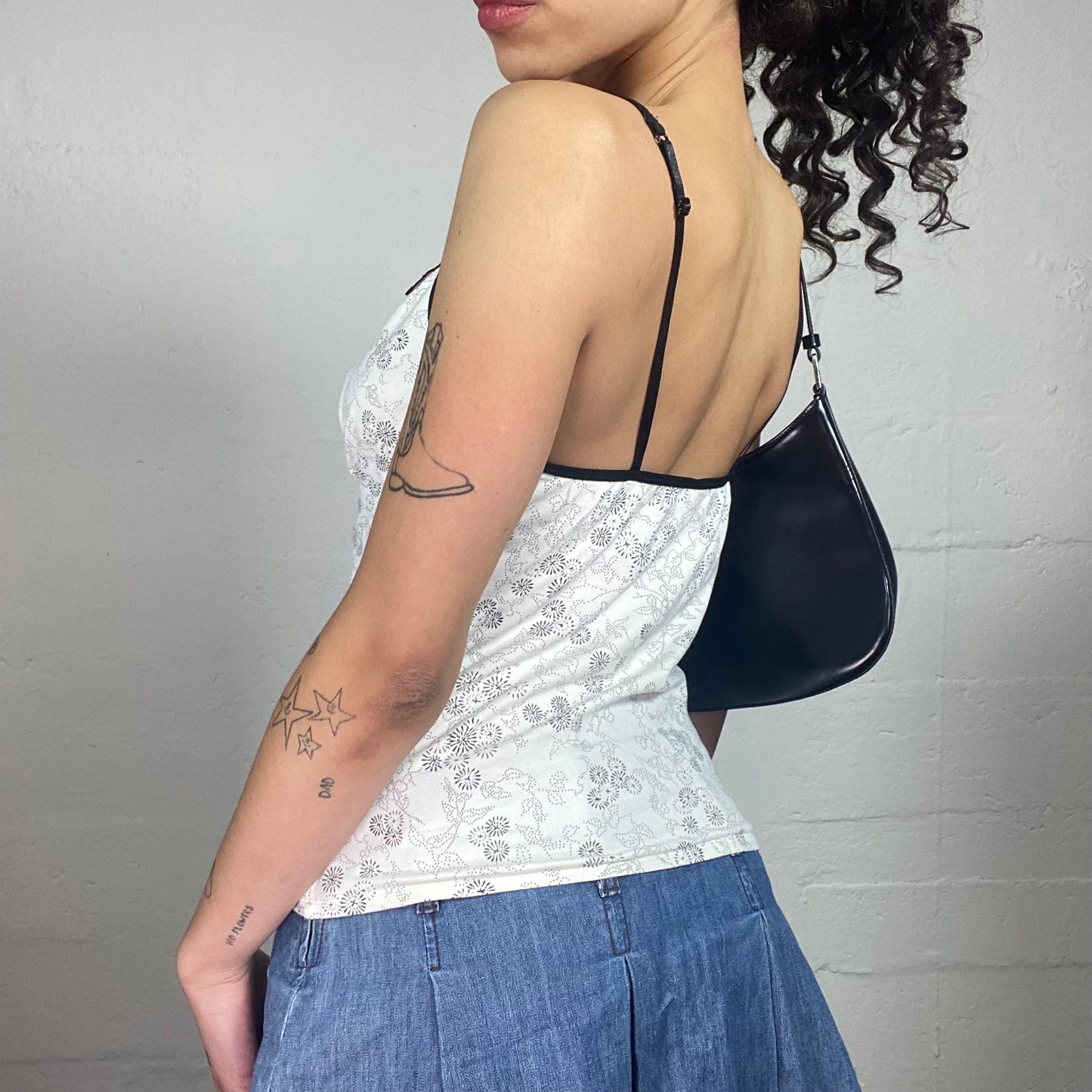 Vintage 2000's Coquette White Cami Top with Floral Print and Black Lace Trim (S)