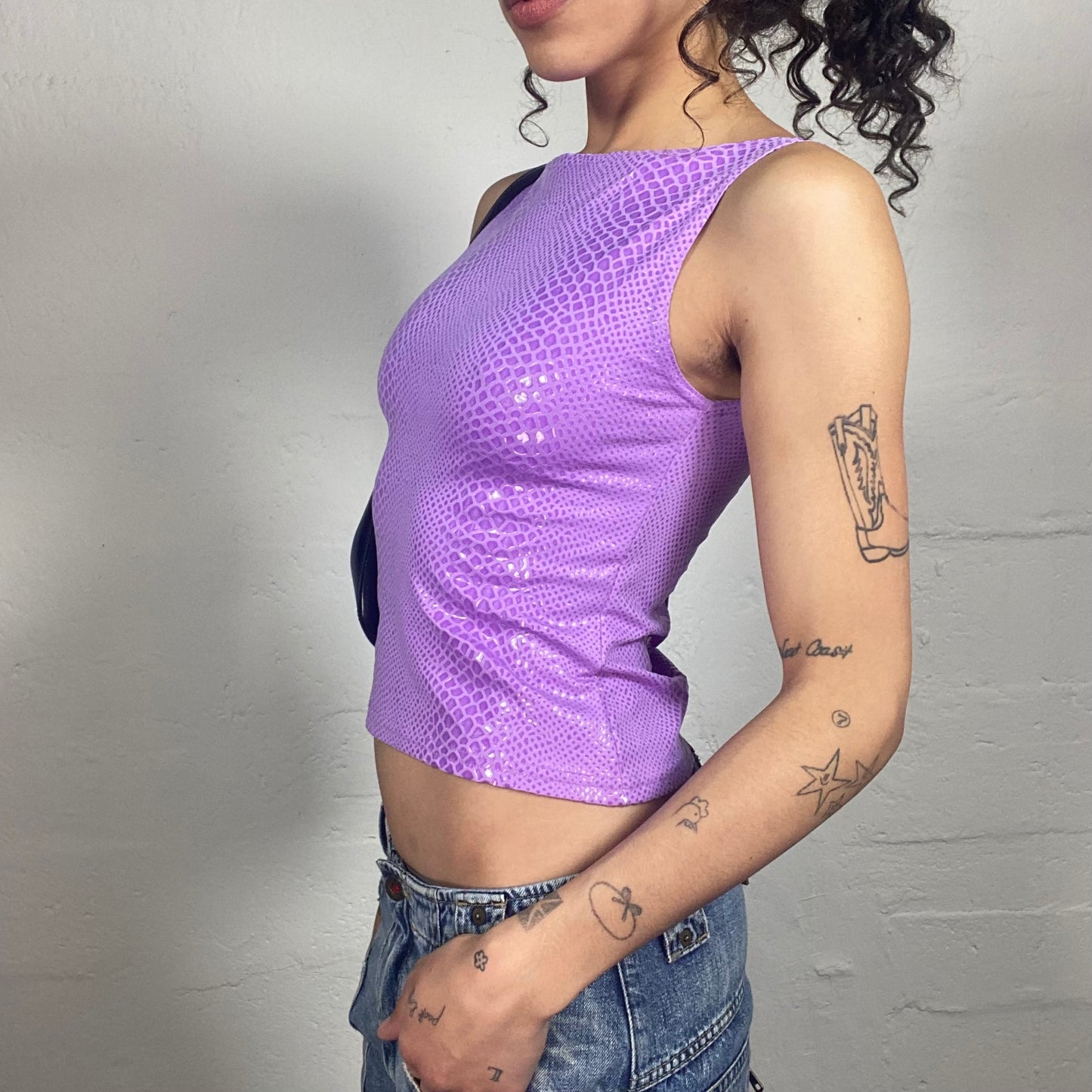 Vintage 2000's Glamorous Purple Glossy Snake Skin Pattern Tank Top (S)