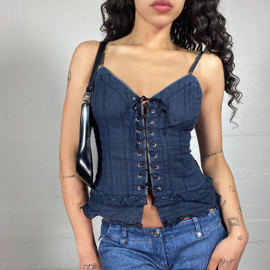 Vintage 2000's Calvin Klein Sunday Date Navy Blue Corset Style Cami Top with Ruffled Details and Front Lace Up (S)