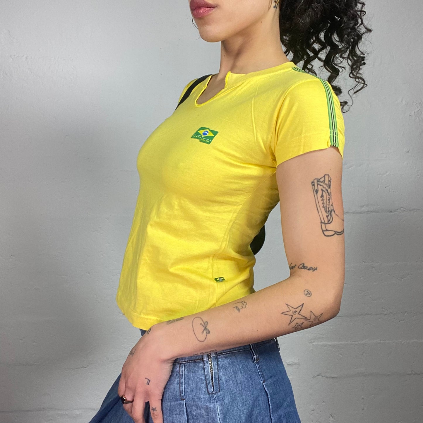 Vintage 2000's Summer Yellow Baby Tee with Green Details and Neck Cut (S)