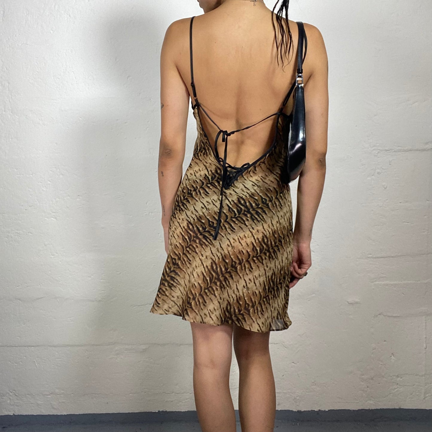 Vintage 2000's Downtown Girl Brown Toned Chiffon Animal Printed Cami Dress with Open Back (M)