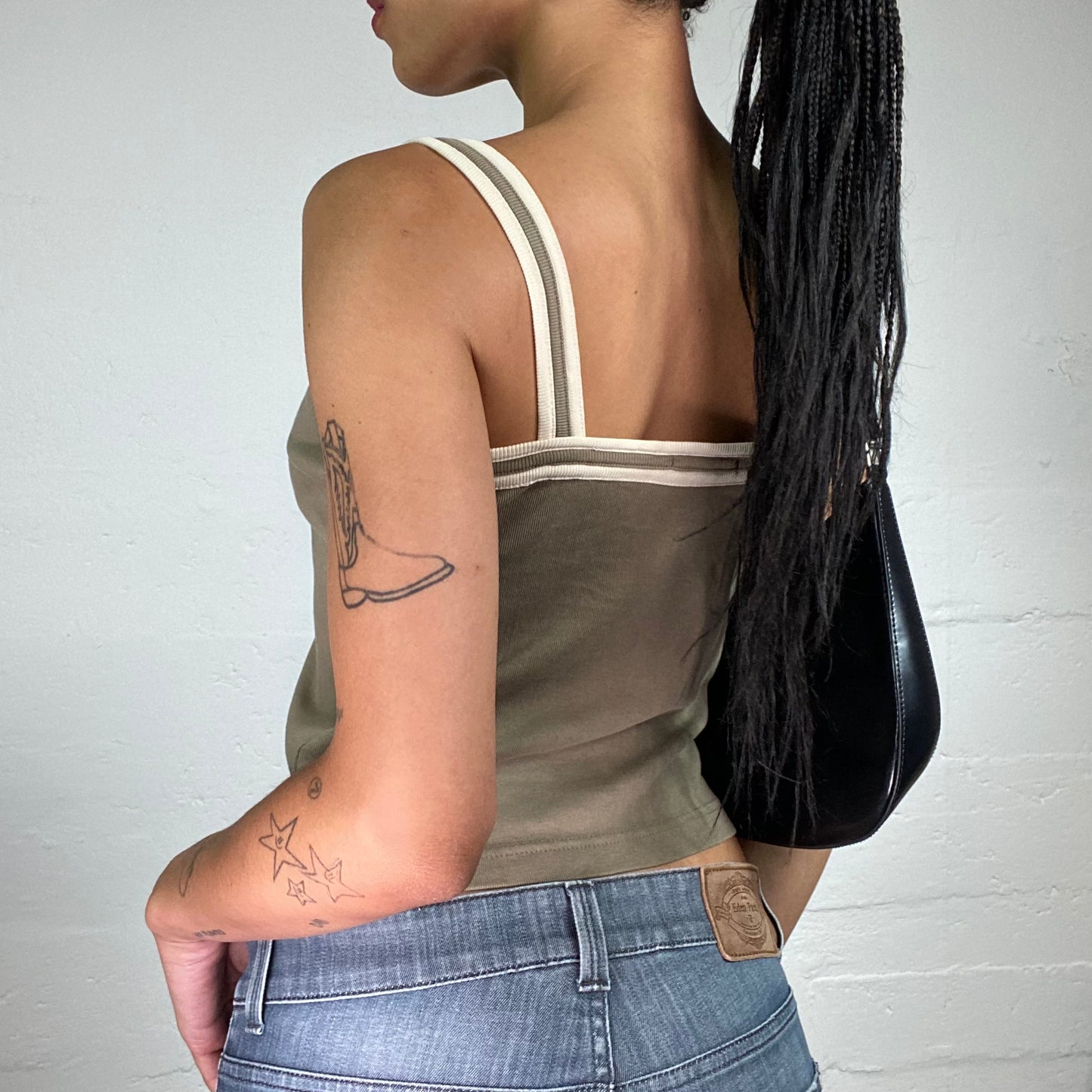 Vintage 2000's Hip-Hop Khaki Green Jersey Cami Top with White League 17 Print (M)