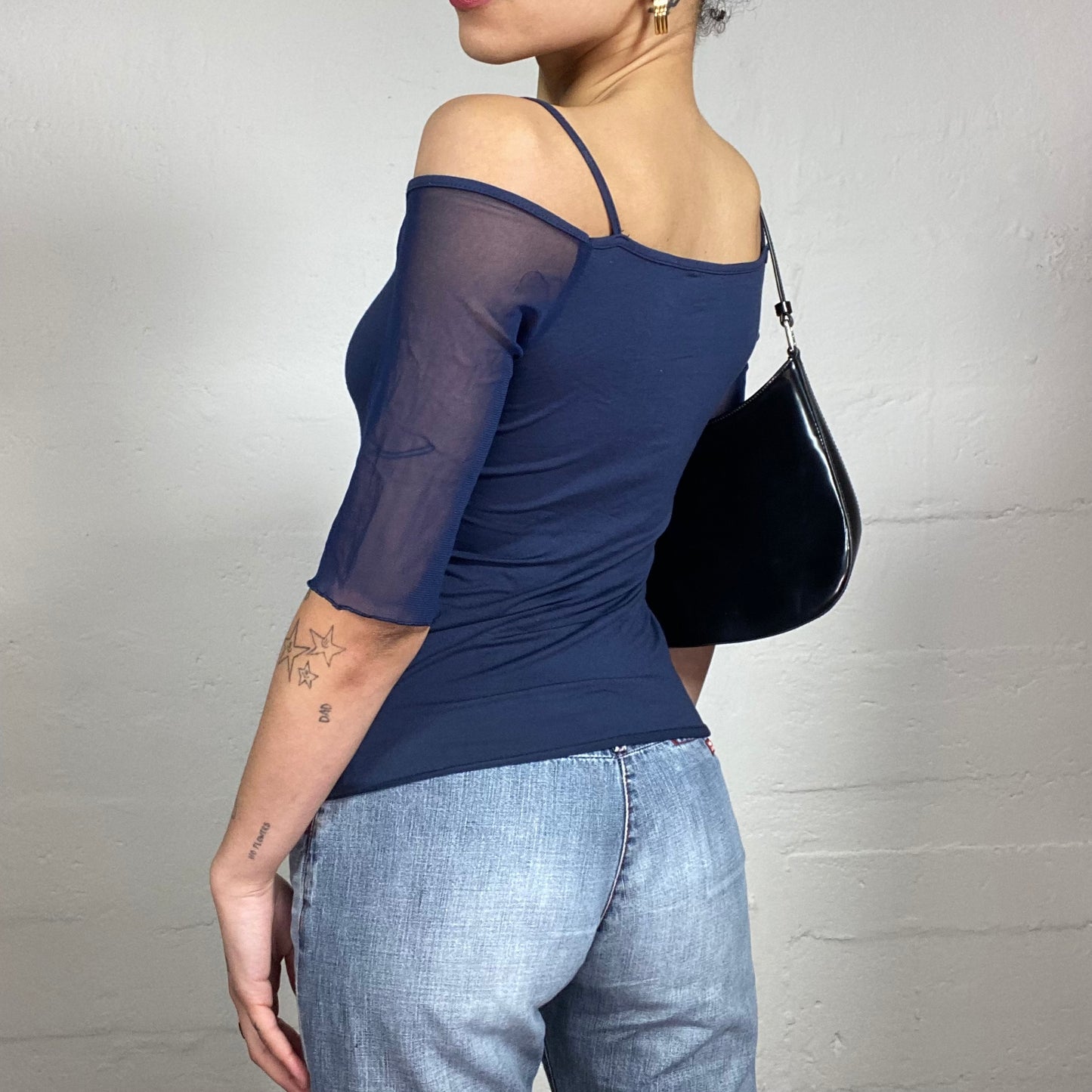 Vintage 2000's Romantic Navy Blue Off Shoulders Mesh Sleeves Half Cami Top (S)