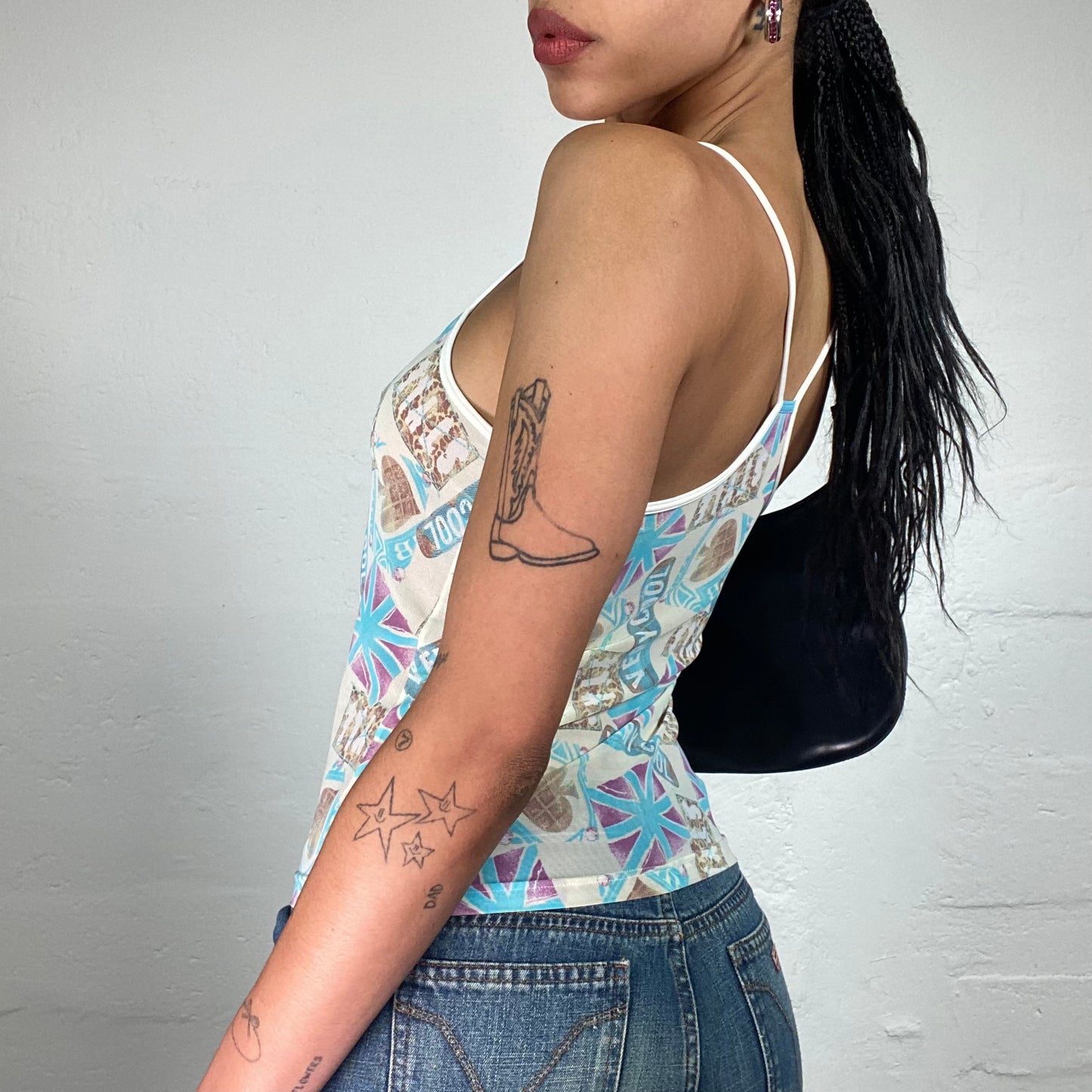 Vintage 2000's Downtown Girl Ivory Faded Effect Blue Toned Flags Print Cami Top (S)