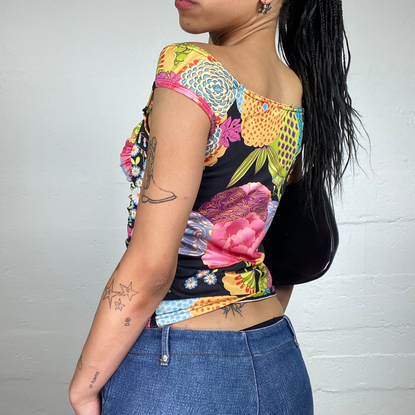 Vintage 2000's Fun Summer Off Shoulder Boho Style Colourful Flowers Print Top (S)