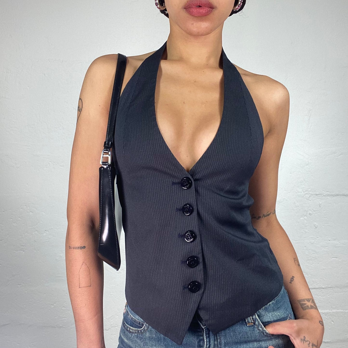 Vintage 2000's Office Girl Dark Grey Button Up Vest Neckholder Top (S)