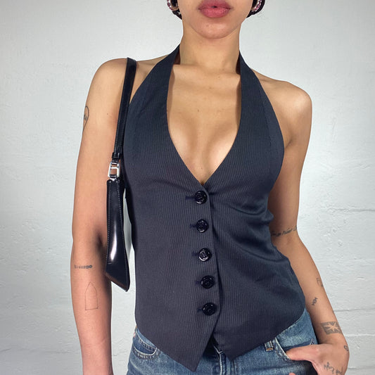 Vintage 2000's Office Girl Dark Grey Button Up Vest Neckholder Top (S)