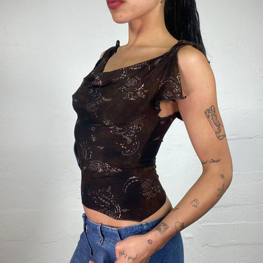Vintage 2000's Romantic Chiffon Brown Cami Top with Silver Glitter Print (S)