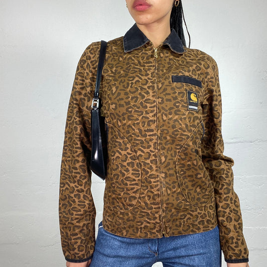 Vintage 2000's Skater Girl Ginger Brown Leo Print Zip Up Collared Jacket (XS)