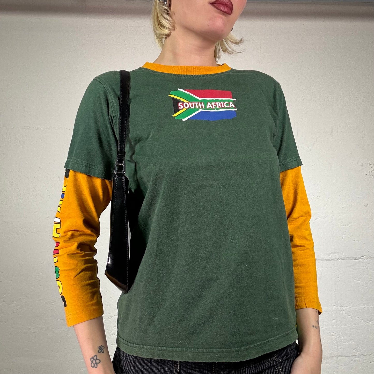 Vintage 2000's Skater Girl Khaki Green and Orange Longsleeve Shirt with Flag Logo and Sleeve Prints (S)