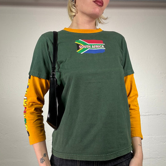 Vintage 2000's Skater Girl Khaki Green and Orange Longsleeve Shirt with Flag Logo and Sleeve Prints (S)