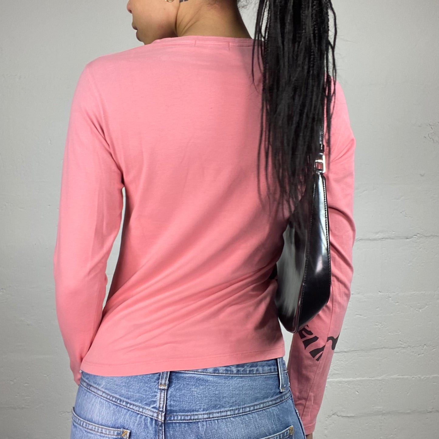 Vintage 2000's Downtown Girl Bubblegum Pink Longsleeve Top with Black and Shimmery Typography Print (L)