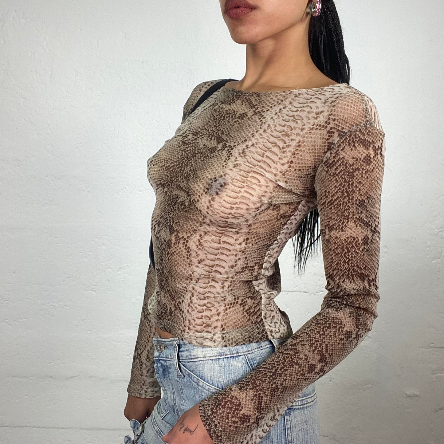 Vintage 2000’s Glamorous Mesh See Through Brown Toned Snake Skin Printed Longsleeve Top (L)