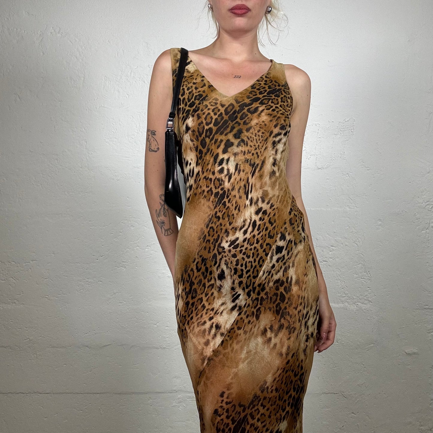 Vintage 2000's Glamorous Cheetah Girl Orange and Brown Toned Midi Leo Printed Dress (S)